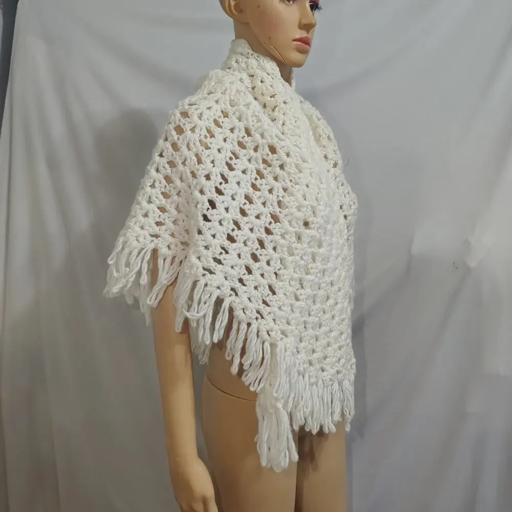 70s Cream Handmade Knit Acrylic Open-Knit Crochet Capelet Shawl Fringe Border OS
